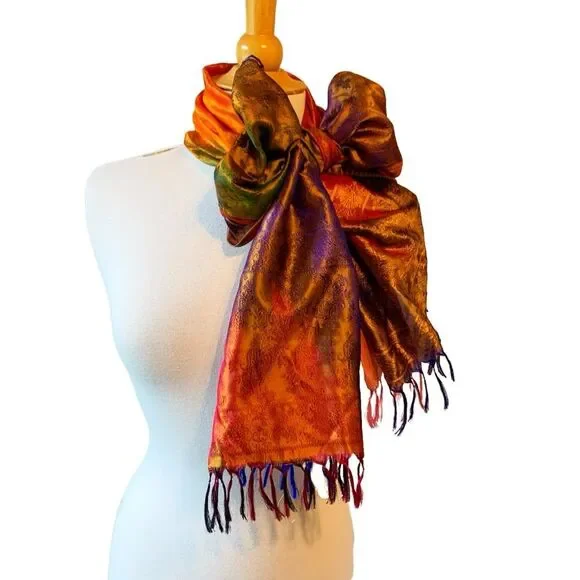 Silk Bright Colorful Jeweltone Brocade Hombre Sari Rectangular Scarf - Picture 4 of 8